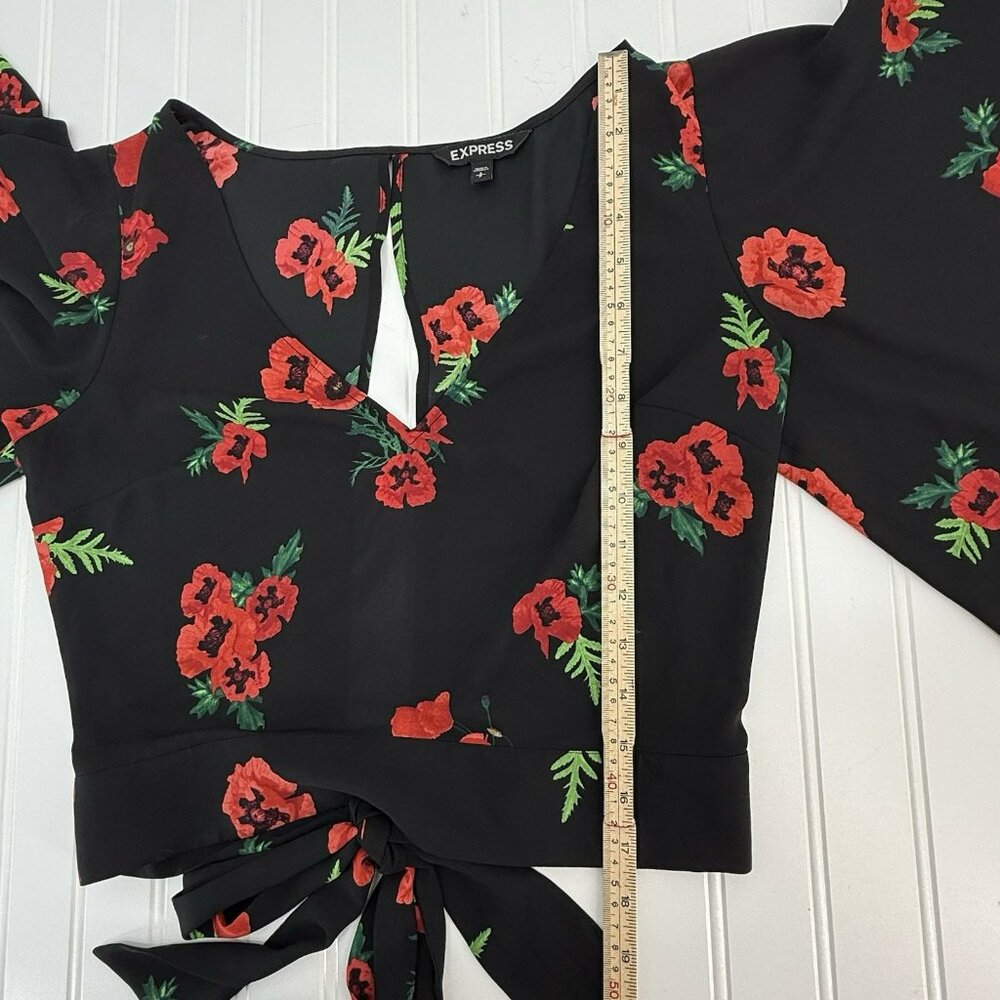 Express Floral Blouse Tie Back Flutter Sleeve Open Keyhole Back Black Red Small - Picture 5 of 6